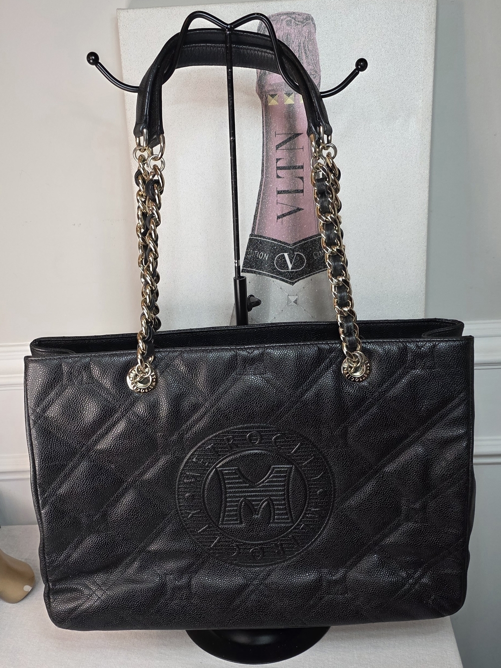 Metro City Black Quilted Leather Tote with Gold Chain Handles